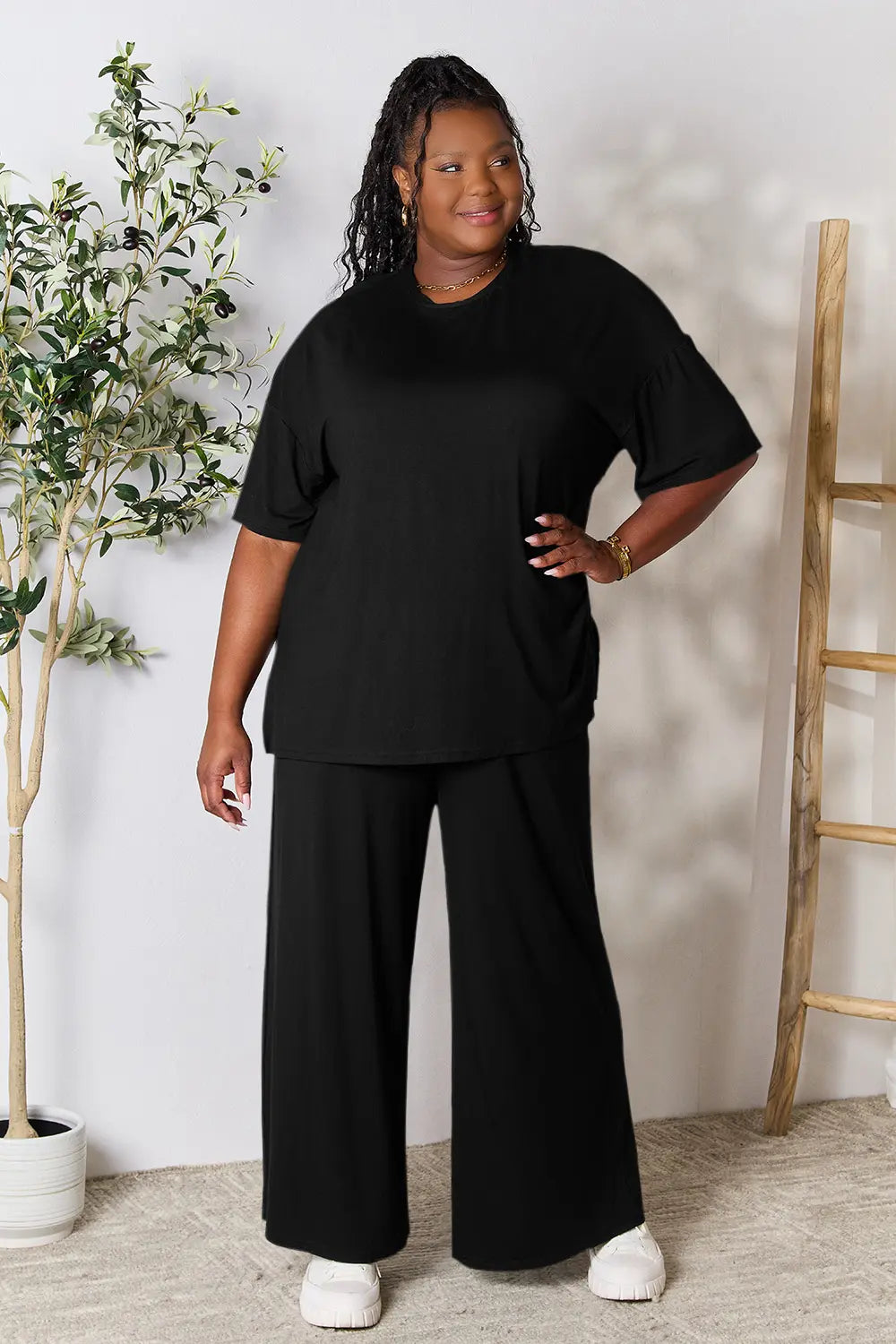 I am a Fashion Junky Full Size Round Neck Slit Top and Pants Set
