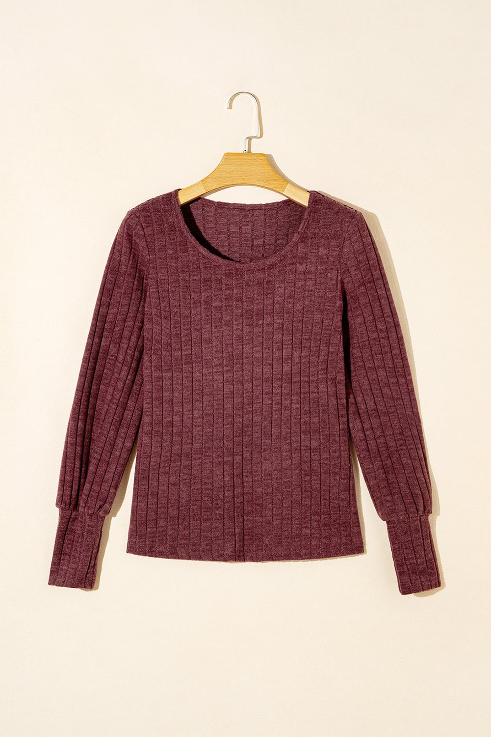 Mineral Red Ribbed Bishop Sleeve Round Neck Top - Loving It Shop