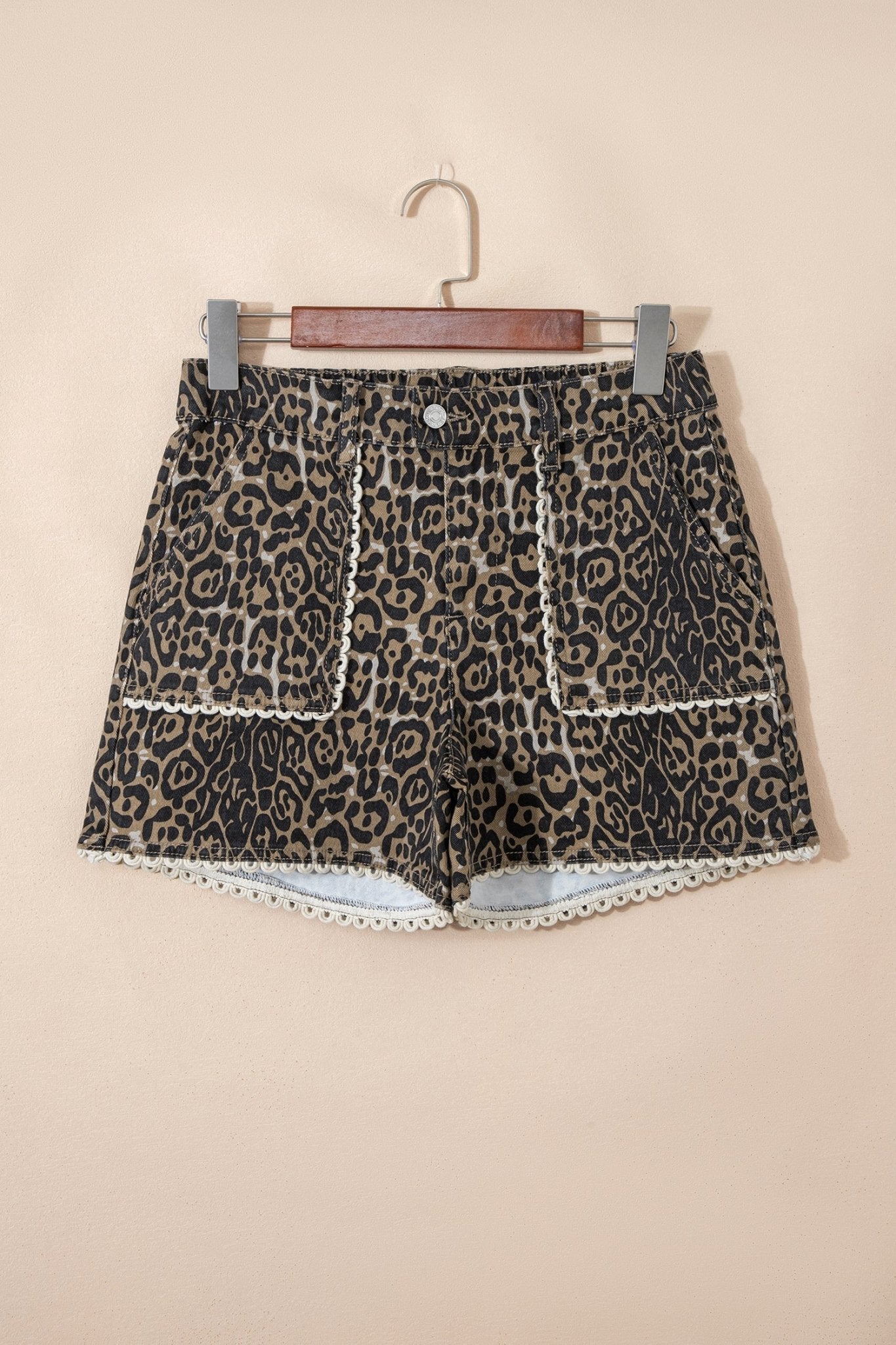 Khaki Contrast Scalloped Lace Trim Leopard Denim Shorts - Loving It Shop
