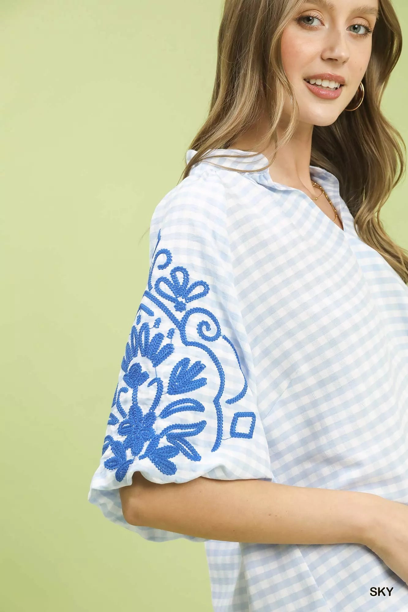 Gingham Embroidered Balloon Sleeve Top
