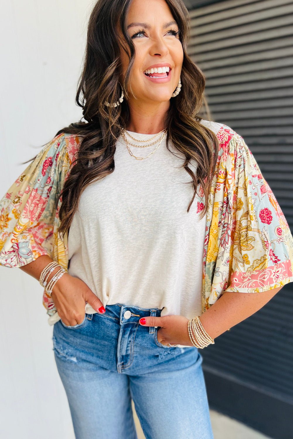 Beige Floral Patchwork Half Batwing Sleeve Blouse - Loving It Shop