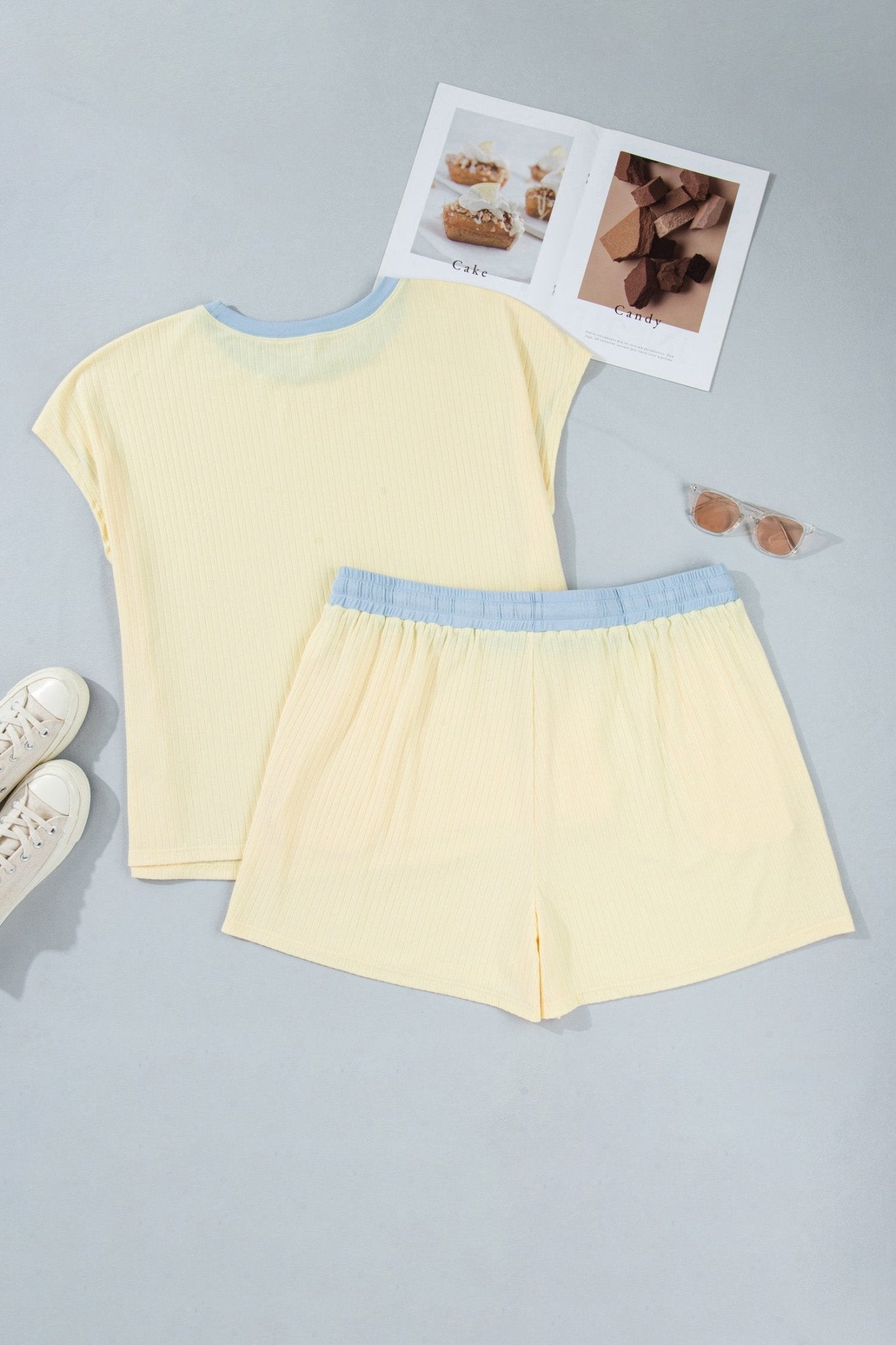 Yellow Cream Plus Size Ribbed Color Block Trim Drawstring Shorts 2pcs Set - Loving It Shop