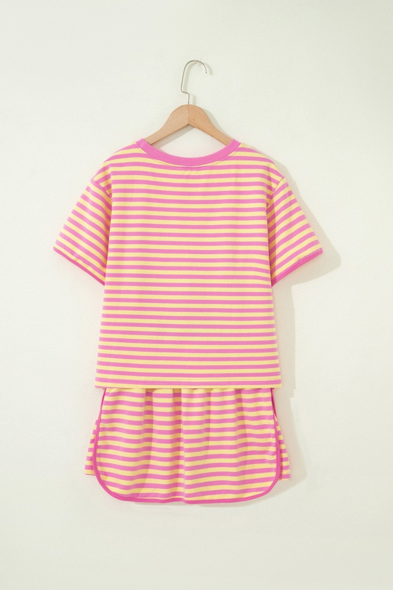 Pink Stripe Loose Short Sleeve Top and Skirt Set - Loving It Shop