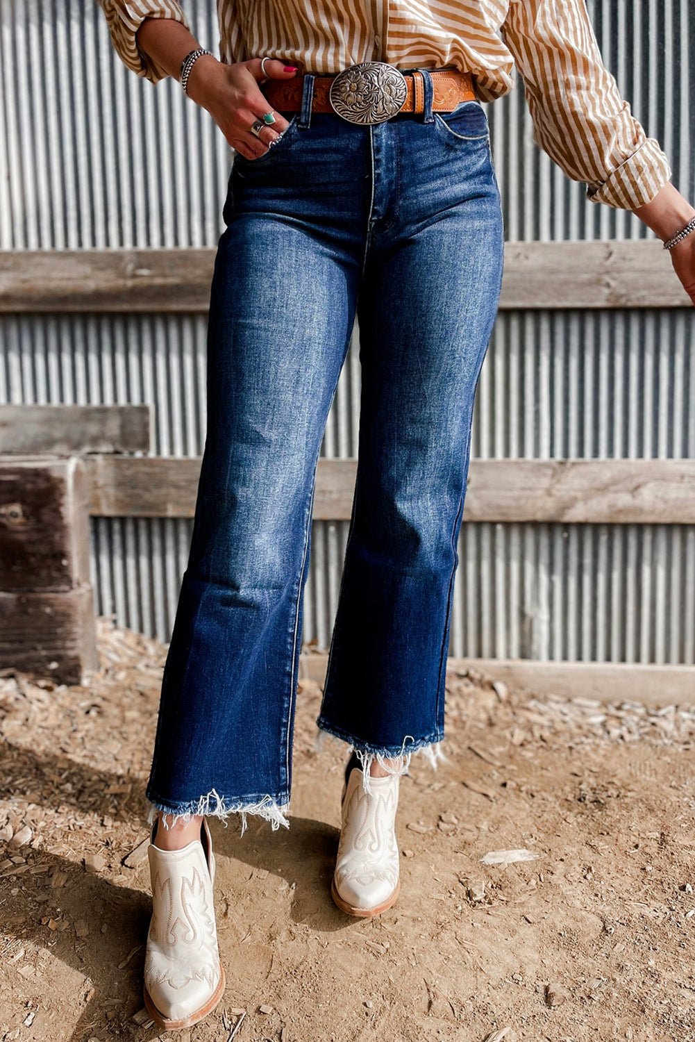 Sail Blue Mineral Wash Raw Hem High Waist Flared Jeans - Loving It Shop