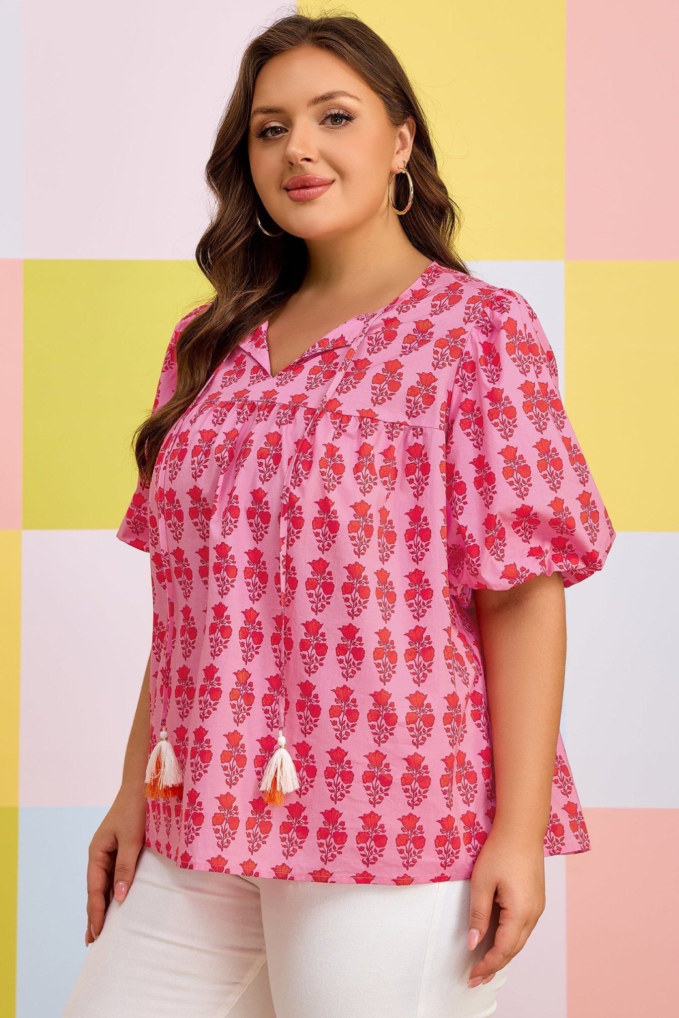 Pink Plus Size Floral Print Tassel Tie Puff Sleeve Cotton Blouse - Loving It Shop