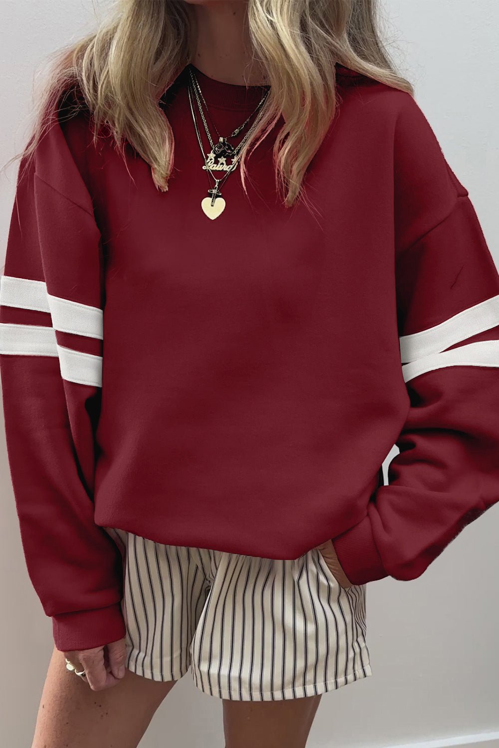 Red Dahlia Varsity Striped Detail Drop Shoulder Oversized Sweatshirt - Loving It Shop