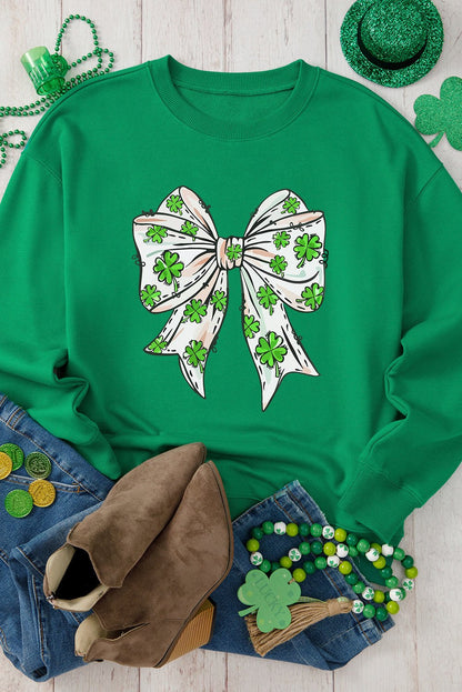 Dark Green St Patricks Clover Bow Printed Drop Shoulder Sweatshirt - Loving It Shop