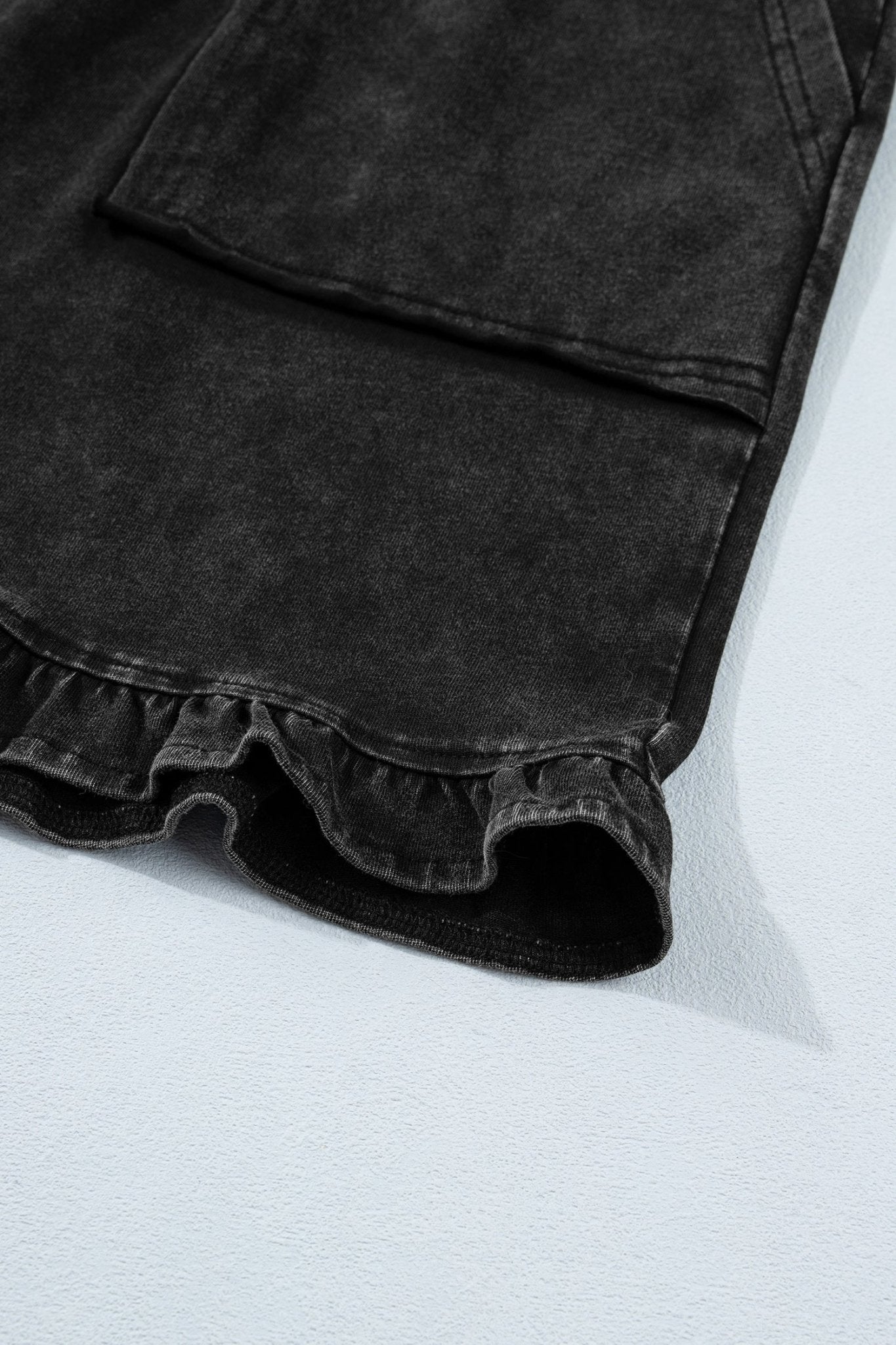 Black Mineral Wash Elastic Waist Drawstring Ruffle Hem Plus Shorts - Loving It Shop