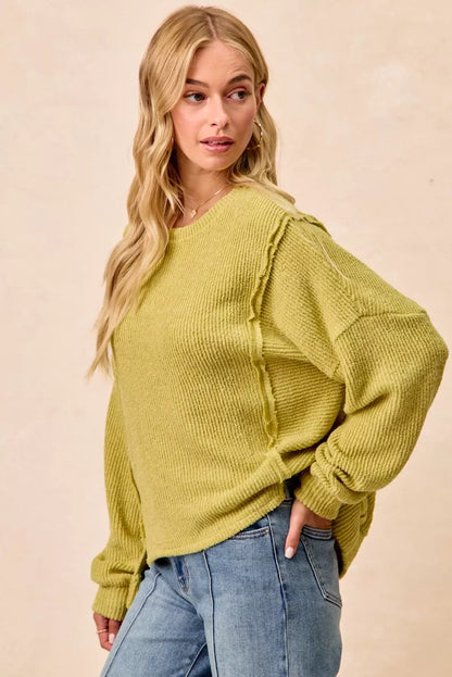Boucle Rib Knit Uneven Hem Sweater With Open Seam