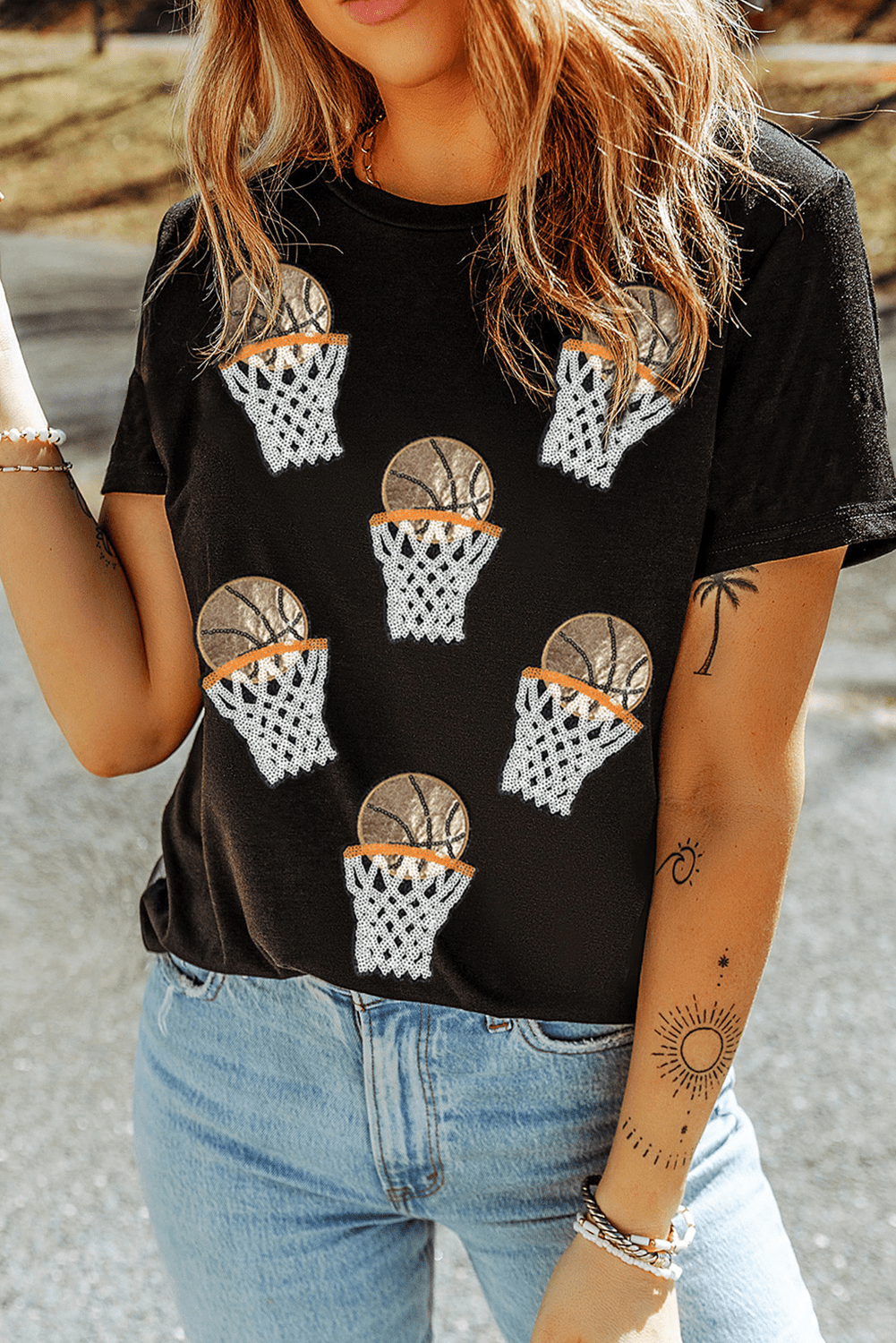 Black Sequin Basketball Patched Graphic Game Day T Shirt - Loving It Shop