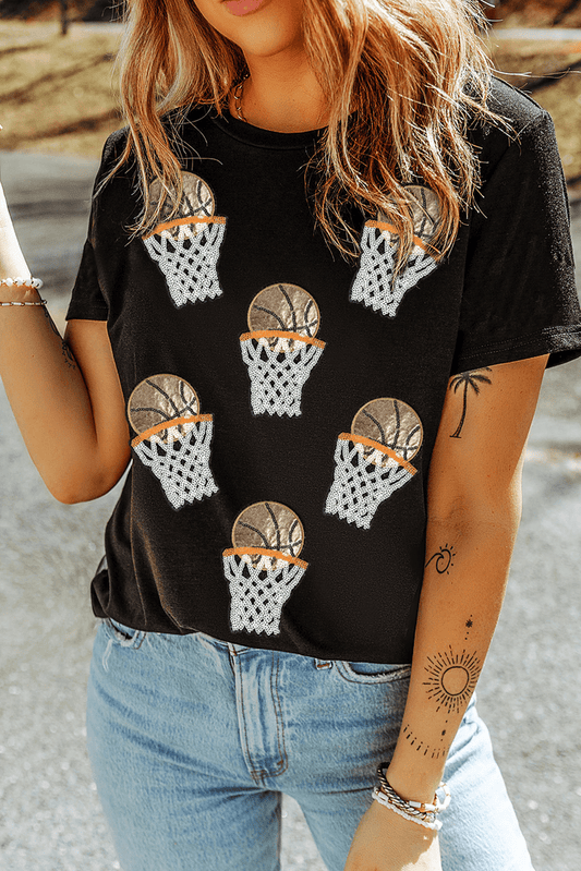 Black Sequin Basketball Patched Graphic Game Day T Shirt - Loving It Shop