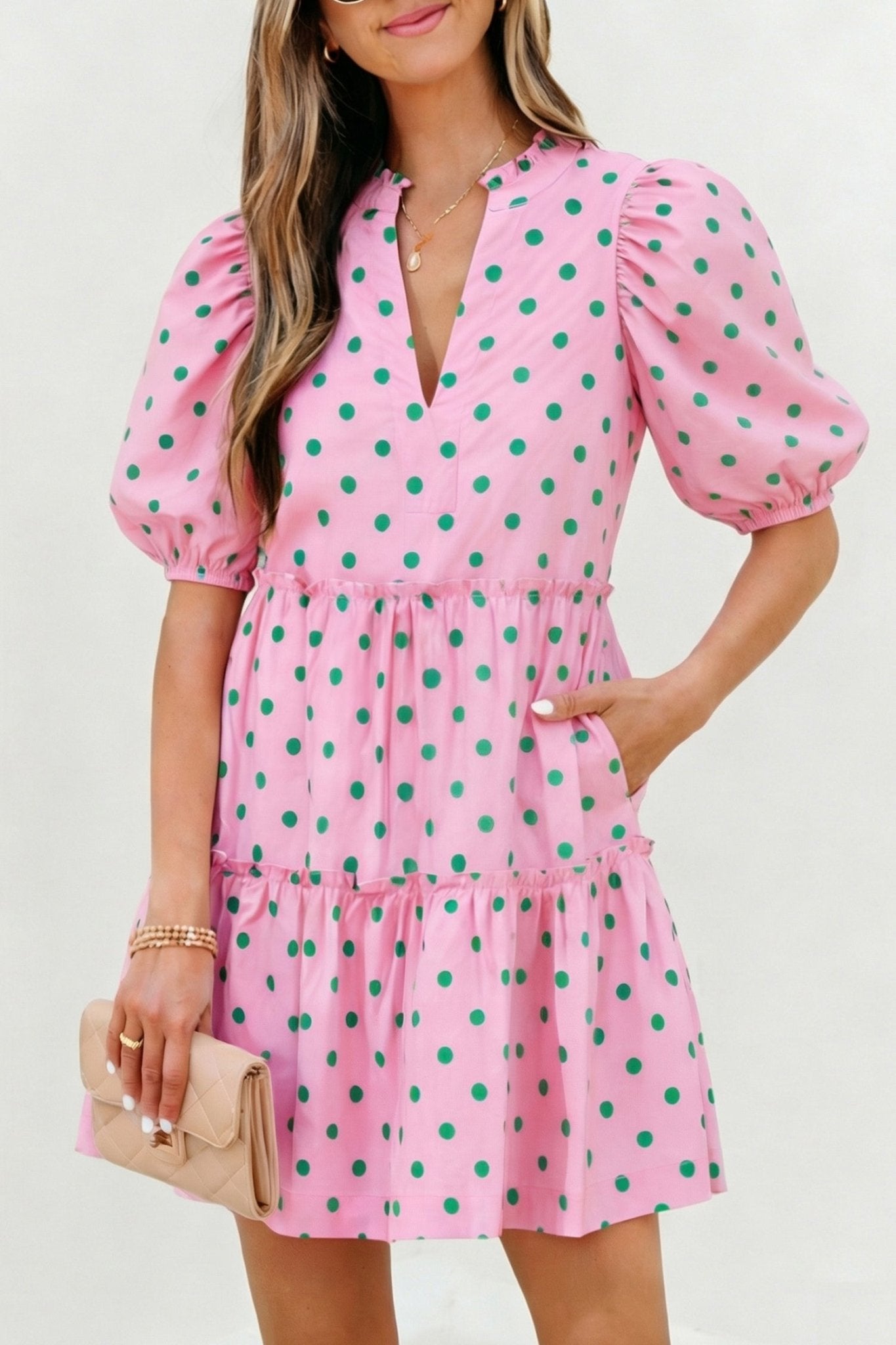 Pink Polka Dot Print V Neck Short Sleeve Tiered Mini Dress - Loving It Shop