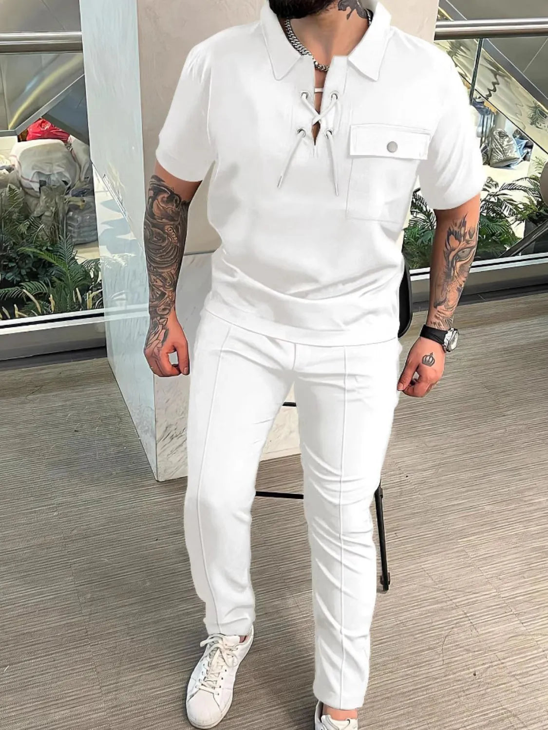 Men's Full Size Lace Up Short Sleeve Top and Pants Plus Size