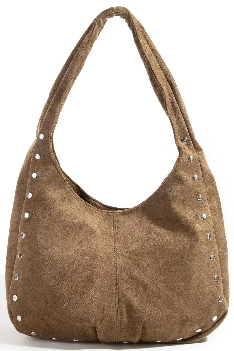 Faux Suede Studded Trim Hobo Bag