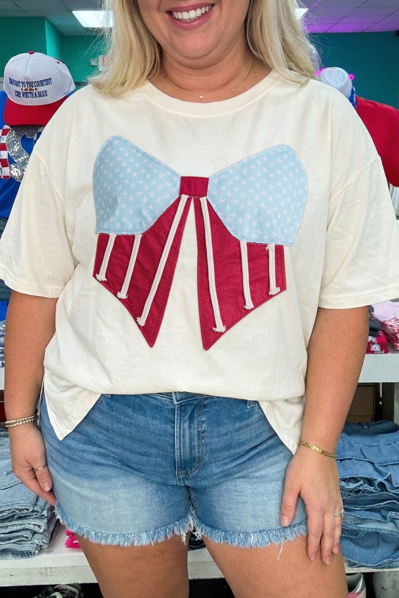 White Distressed Flag Bow Patched Plus Size T Shirt - Loving It Shop