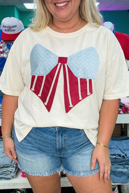 White Distressed Flag Bow Patched Plus Size T Shirt - Loving It Shop