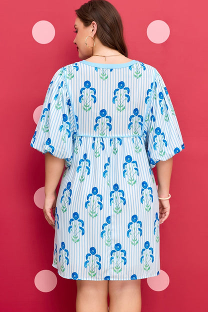Sky Blue Floral Striped Bubble Short Sleeve Plus Size Dress - Loving It Shop