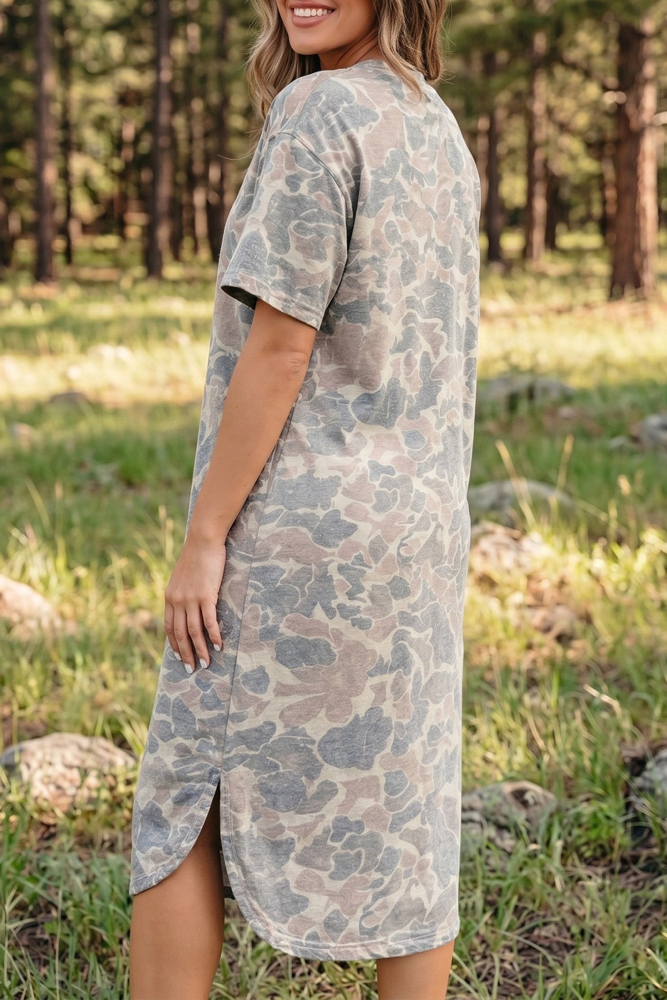 Multicolour Camouflage Print Short Sleeve Drop Shoulder Side Slit Casual Dress - Loving It Shop