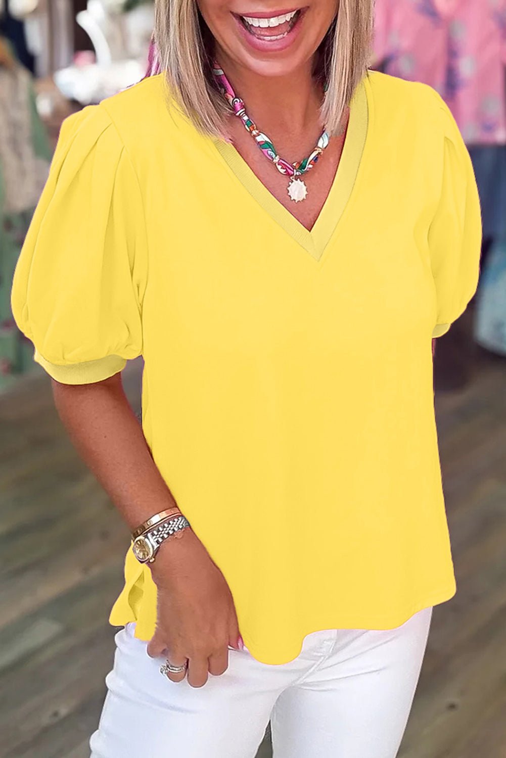 Yellow Solid Color V Neck Short Puff Sleeve Blouse - Loving It Shop