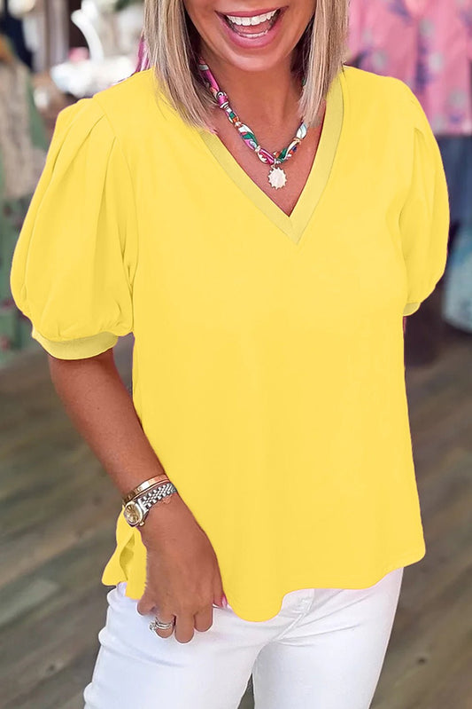 Yellow Solid Color V Neck Short Puff Sleeve Blouse - Loving It Shop