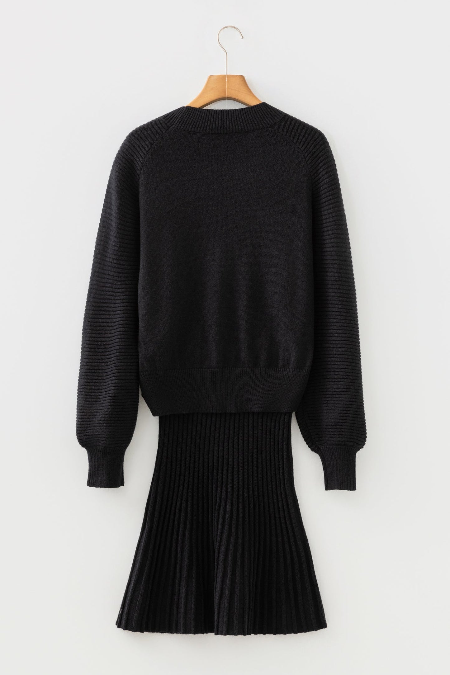 Black High Neck Puff Sleeve Sweater Pleated Mini Skirt 2pcs Knitted Outfit