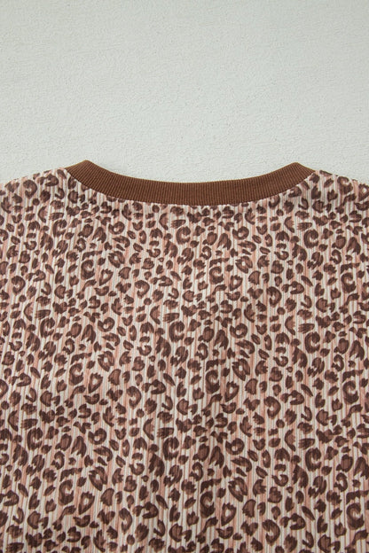 Brown Leopard Print Ribbed Patchwork Half Button Loose Tee Elastic Waist Short 2pcs Set - Loving It Shop