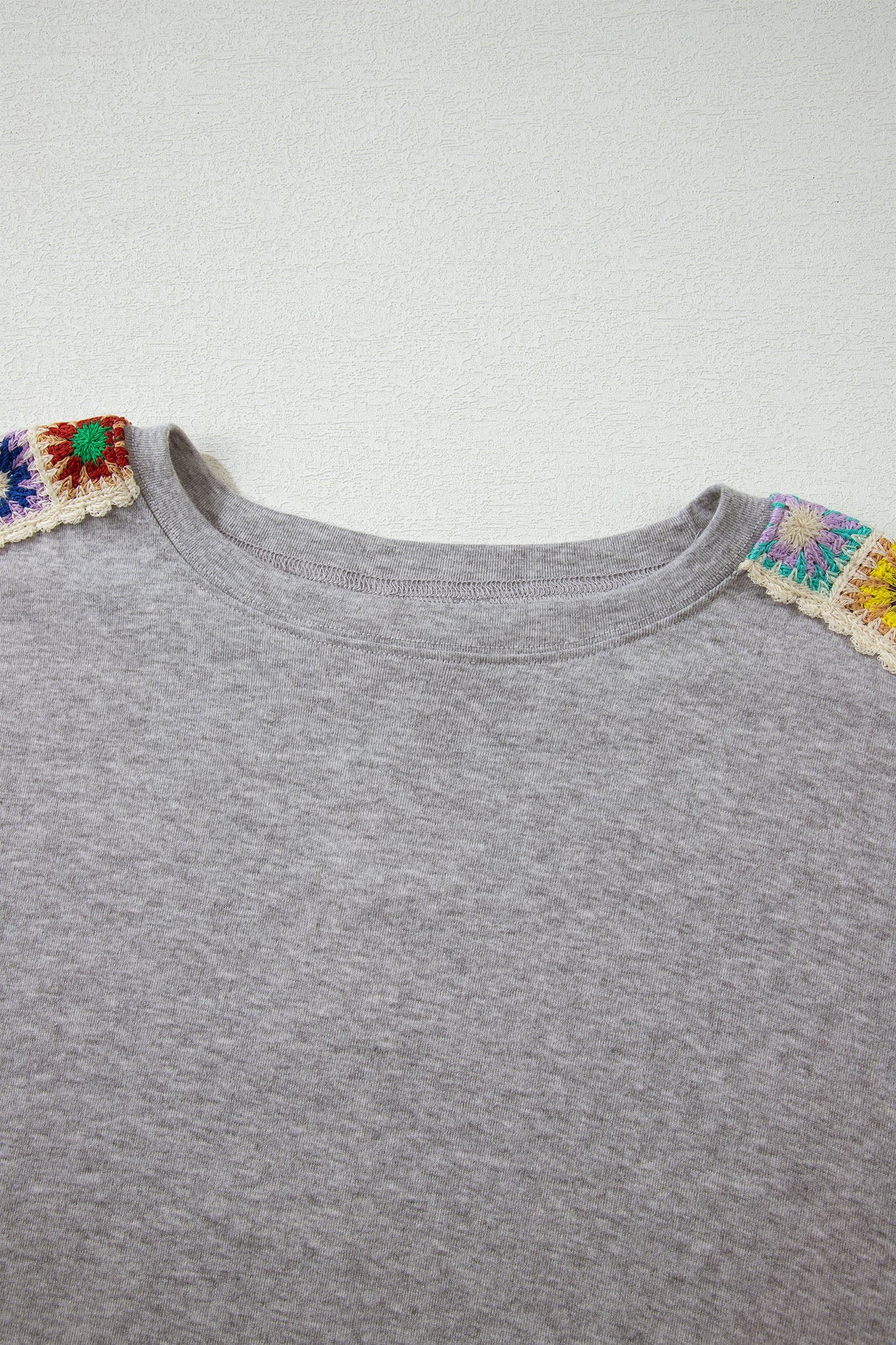 Light Grey Granny Square Crochet Detail Loose T Shirt