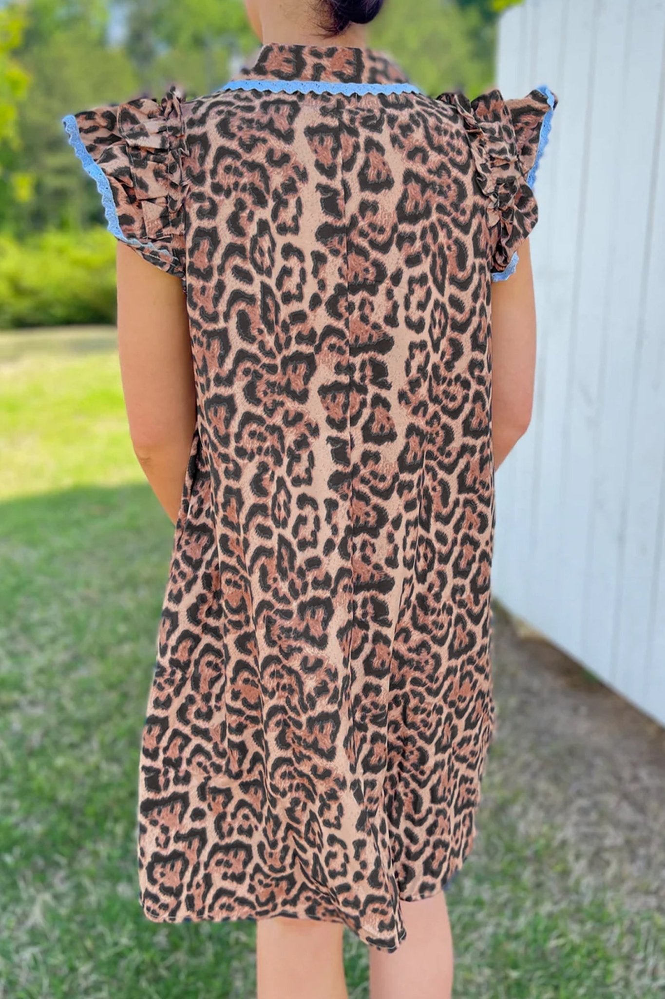 Khaki Leopard Print Lace Trim Shirt Collar Button Down Loose Mini Dress - Loving It Shop