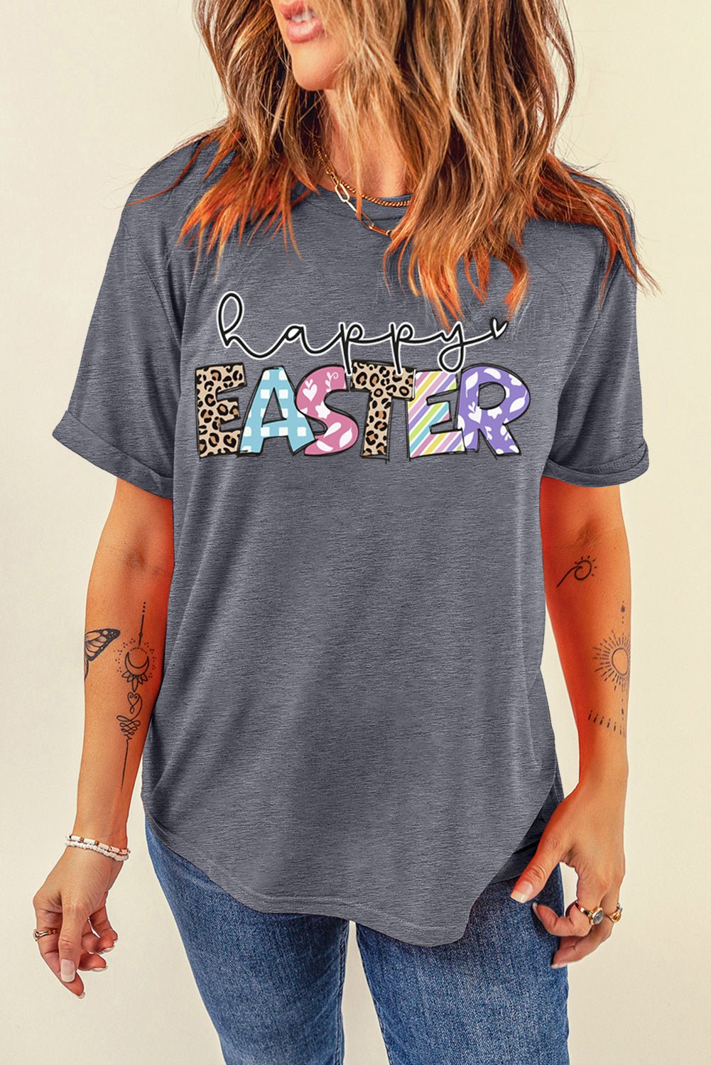 Gray Happy EASTER Lettering Graphic Crewneck Tee - Loving It Shop