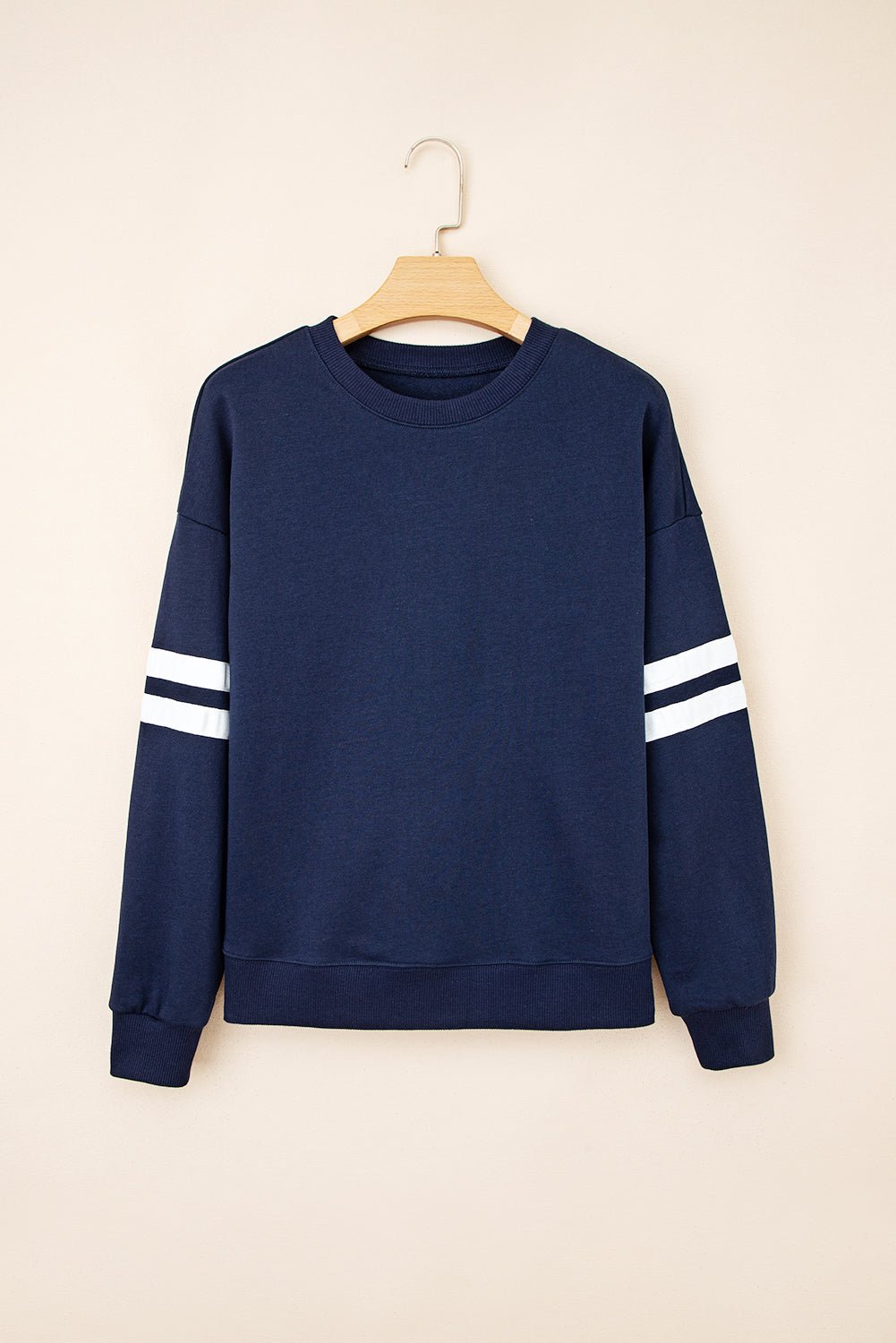 Navy Blue Varsity Striped Detail Drop Shoulder Oversized Sweatshirt - Loving It Shop