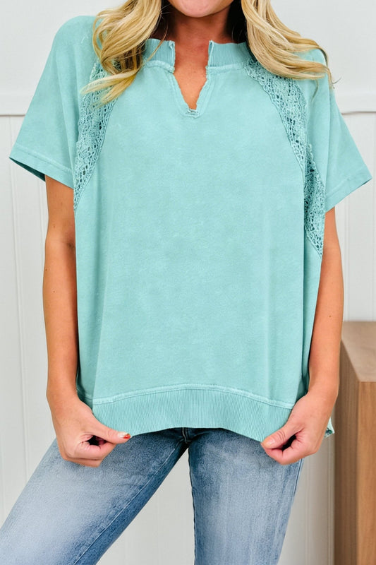 Mint Green Raw Cut Notched Neck Lace Patchwork Detail Mineral Wash Tee - Loving It Shop