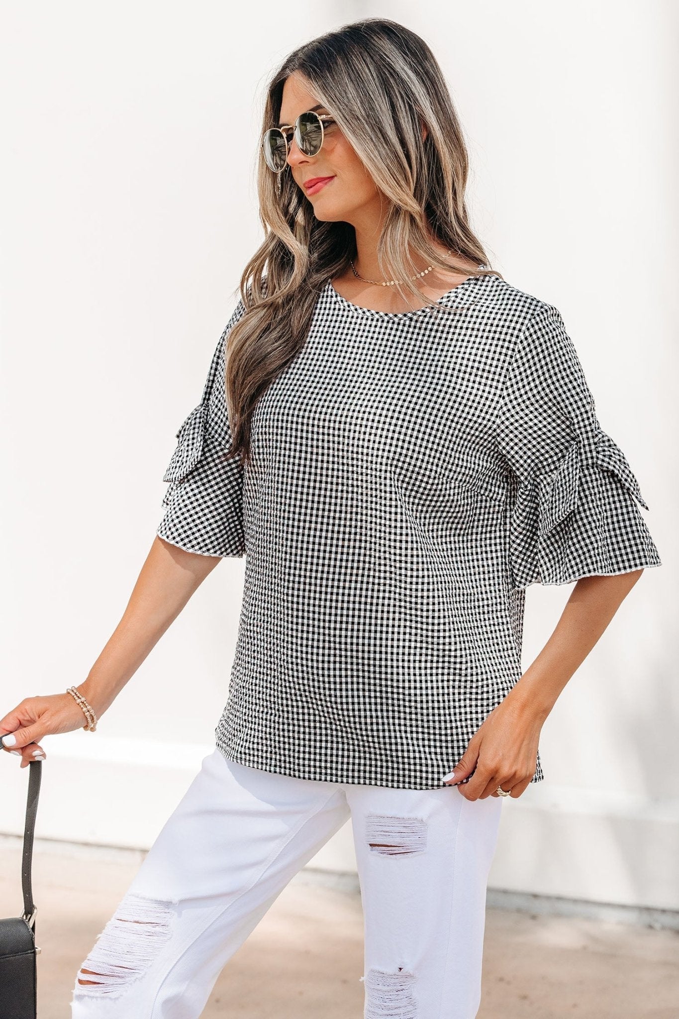 Black Plaid Bow Ruffled Half Sleeve Round Neck Blouse - Loving It Shop