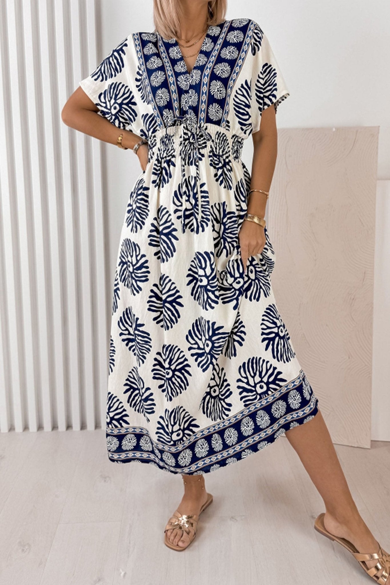 Blue Boho Floral Print Contrast Patchwork V Neck Dolman Maxi Dress - Loving It Shop