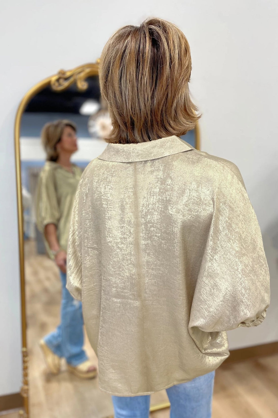Casual Collared V Neck Half Sleeve Metallic Top - Loving It Shop