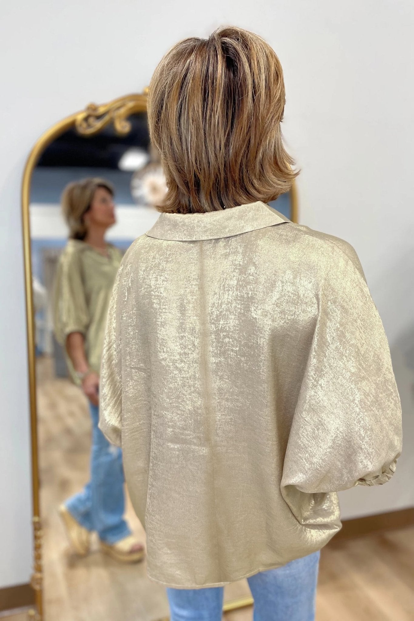 Casual Collared V Neck Half Sleeve Metallic Top - Loving It Shop
