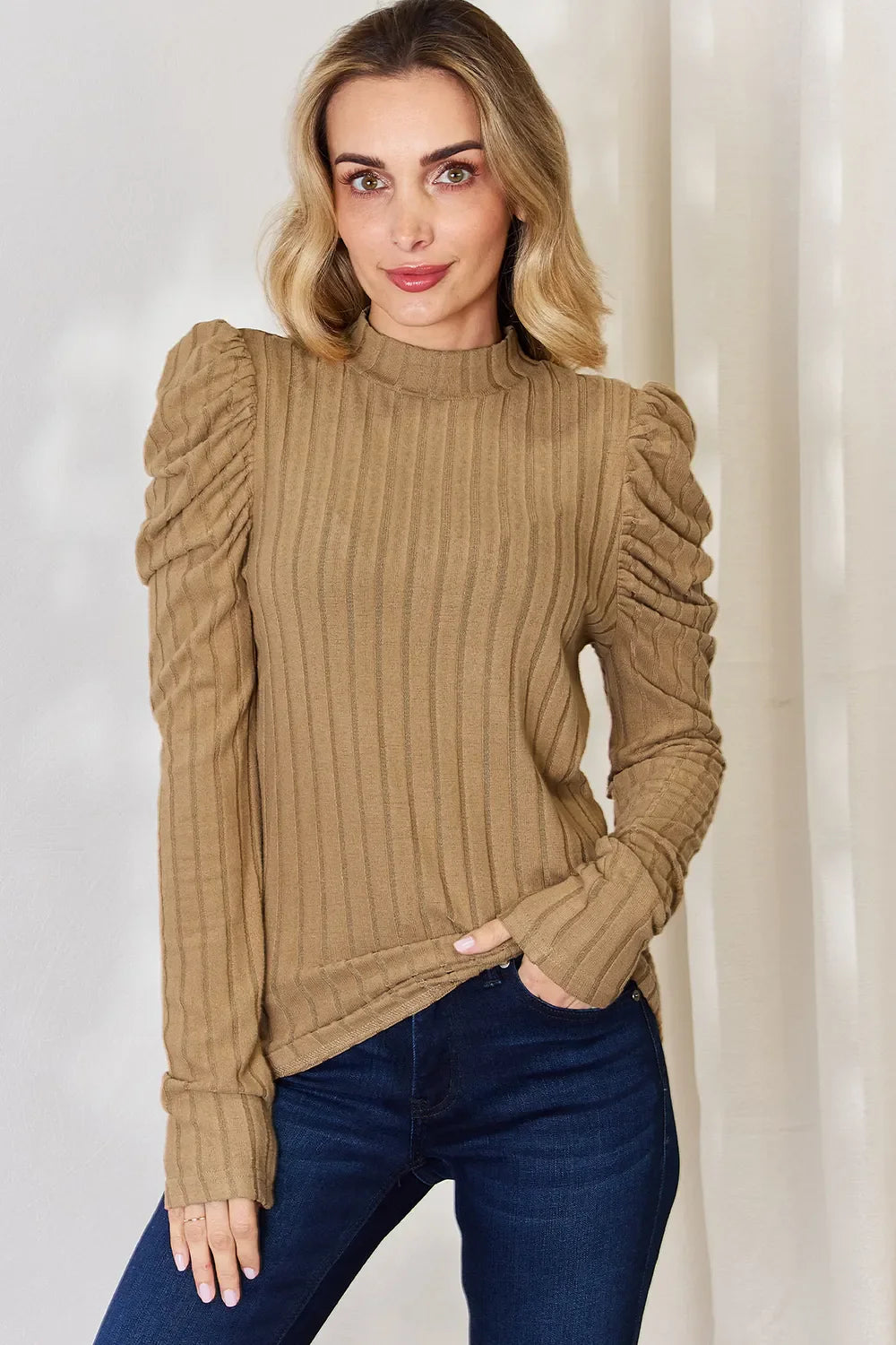 I am a Fashion junky Full Size Ribbed Mock Neck Puff Sleeve T-Shirt