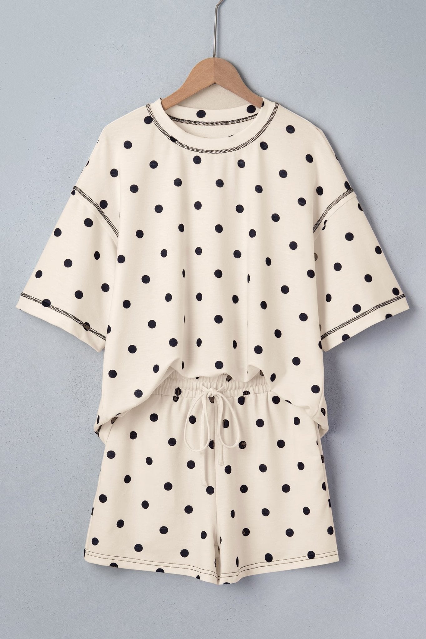 White Exposed Seam Detail Polka Dot Loose Tee Drawstring Shorts Set - Loving It Shop