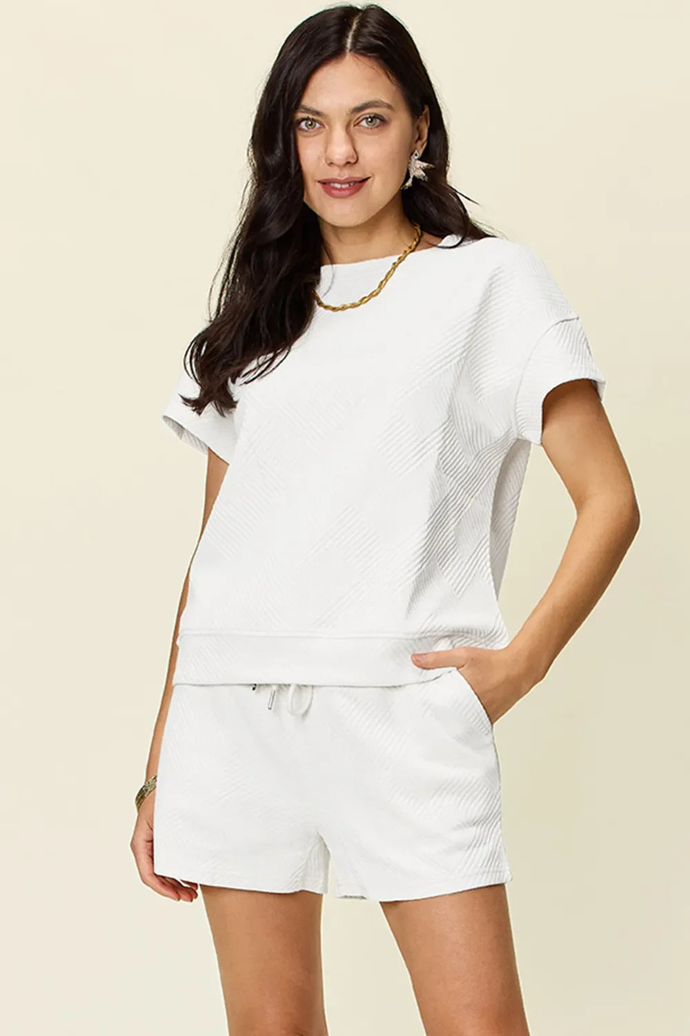 I am a Fashion Junky Full Size Texture Short Sleeve T-Shirt and Drawstring Shorts Set