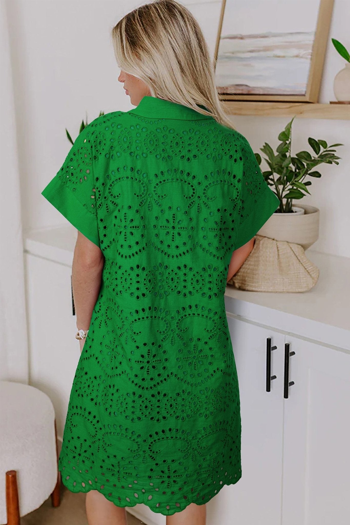 Green Solid Color Eyelet Embroidered T Shirt Mini Dress - Loving It Shop