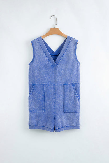 Sky Blue Mineral Wash Pocketed Sleeveless V Neck Loose Romper