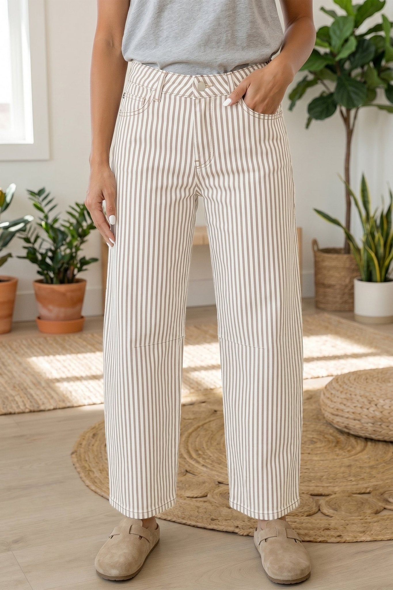 Khaki Stripe Casual Barrel Jeans - Loving It Shop