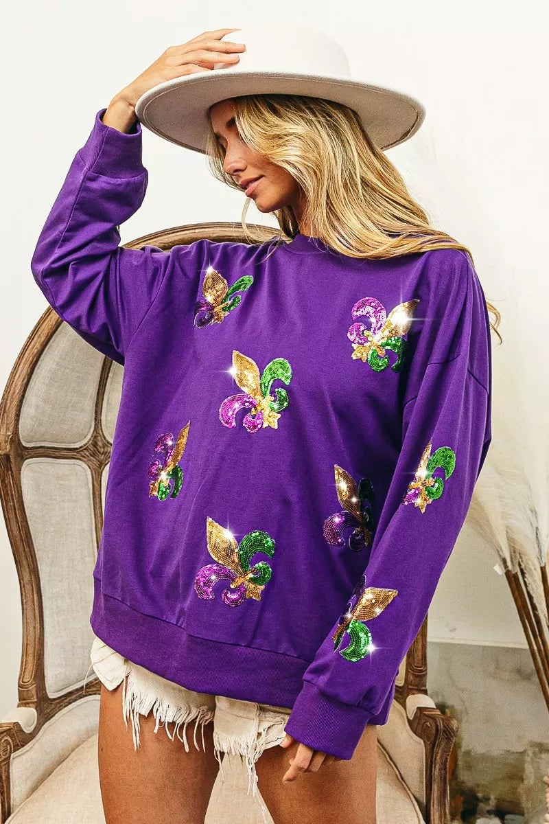 Fleur De Lis Sequin Patches Mardi Gras Sweatshirt