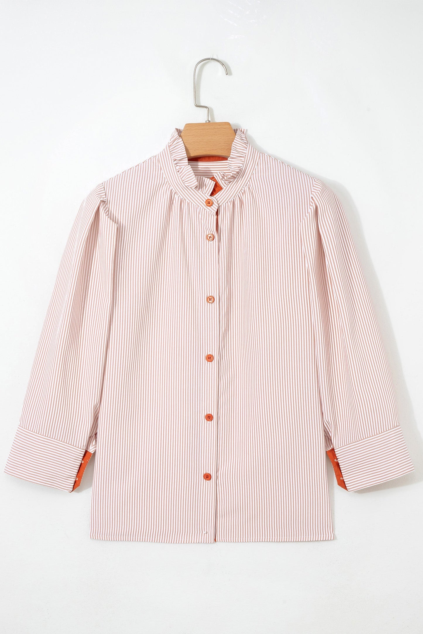 Khaki Stripe Color Block Patchwork Detail Frilled Collar Button Down Shirt