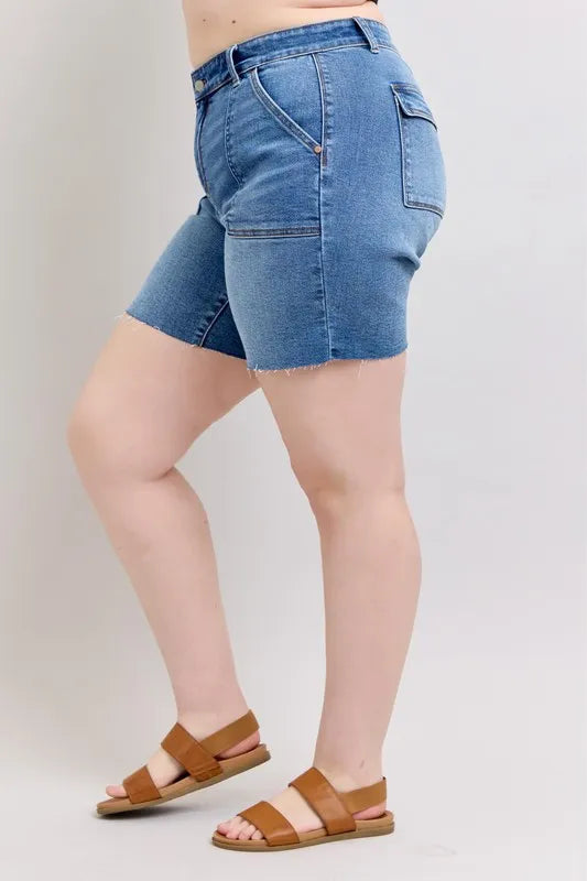 Full Size Mid Rise Bermudas Denim Shorts W/ Back Flap Pockets Plus Size