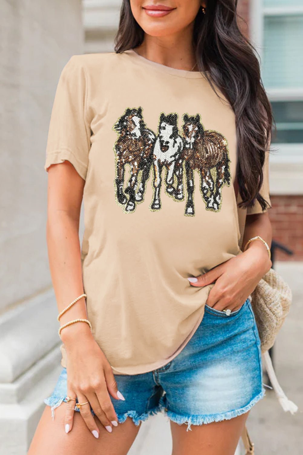 Khaki Sequin Horses Patched Casual Crewneck T Shirt - Loving It Shop