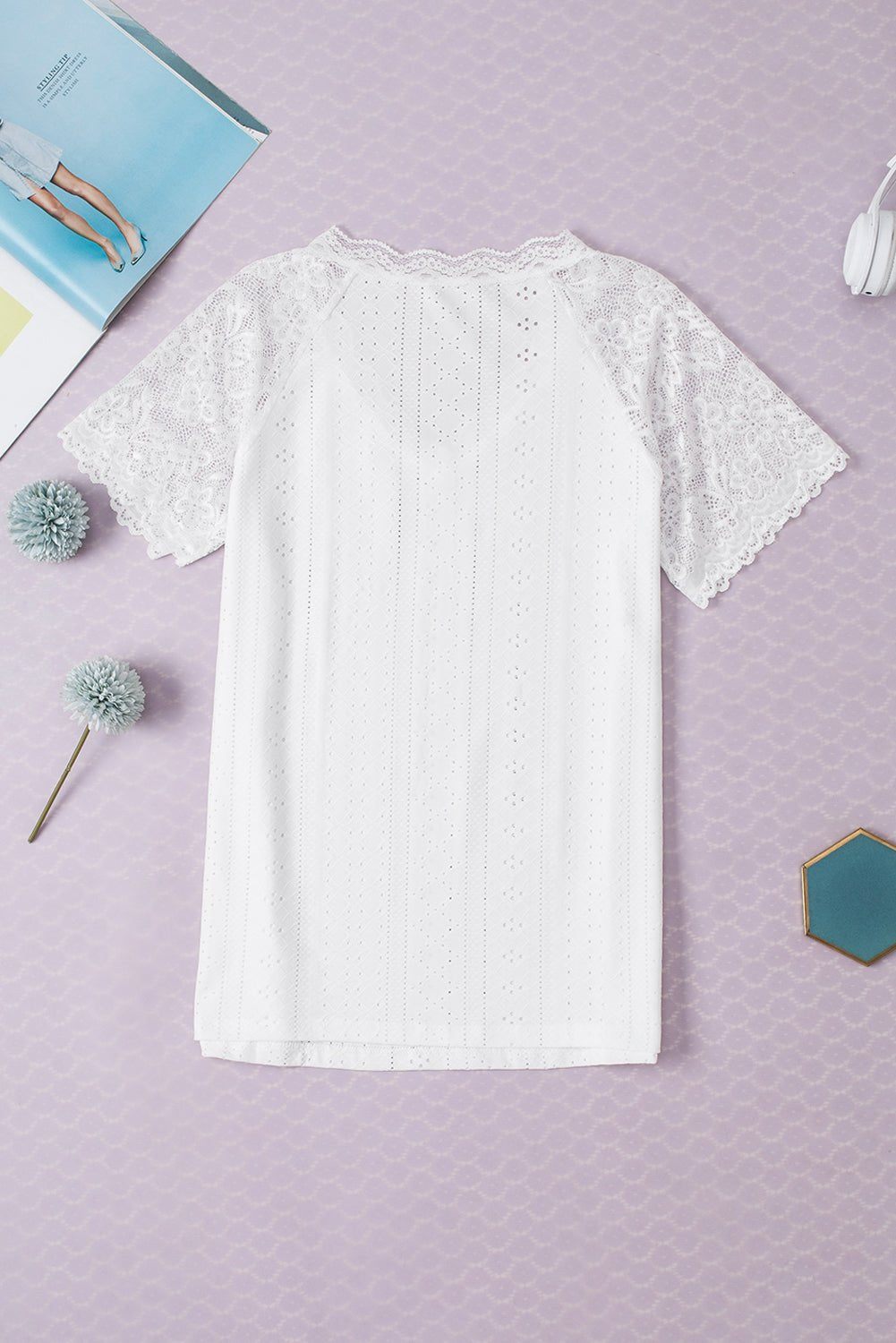 White Sheer Lace Short Sleeves Eyelet Embroidered Tee - Loving It Shop