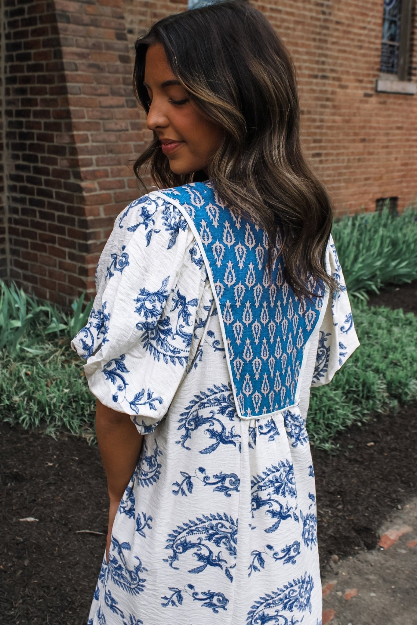 Sky Blue Boho Abstract Print Contrast Trim V Neck Tassel Tie Dress - Loving It Shop