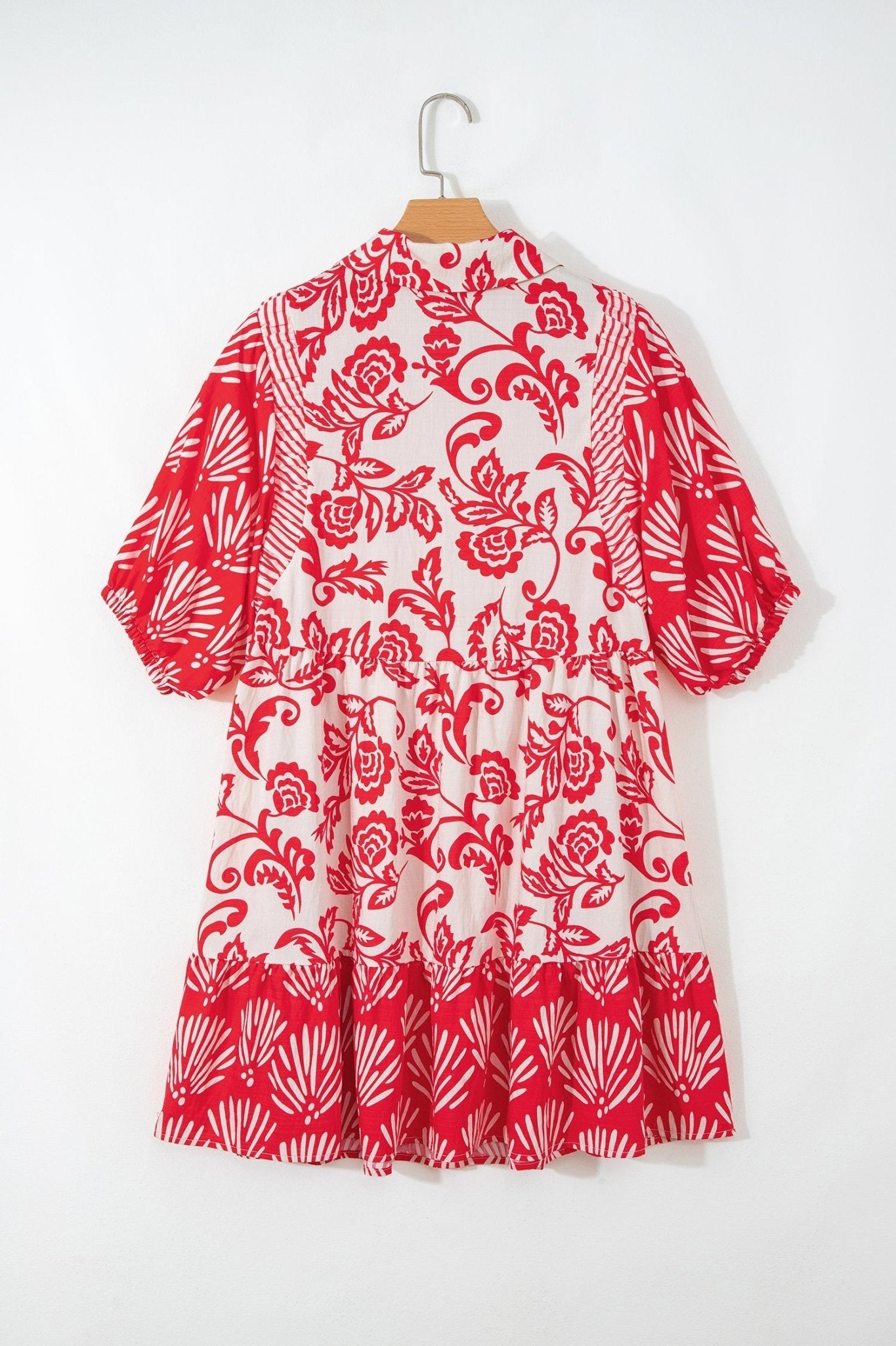 Red Collared V Neck Half Sleeve Loose Flower Mini Dress - Loving It Shop