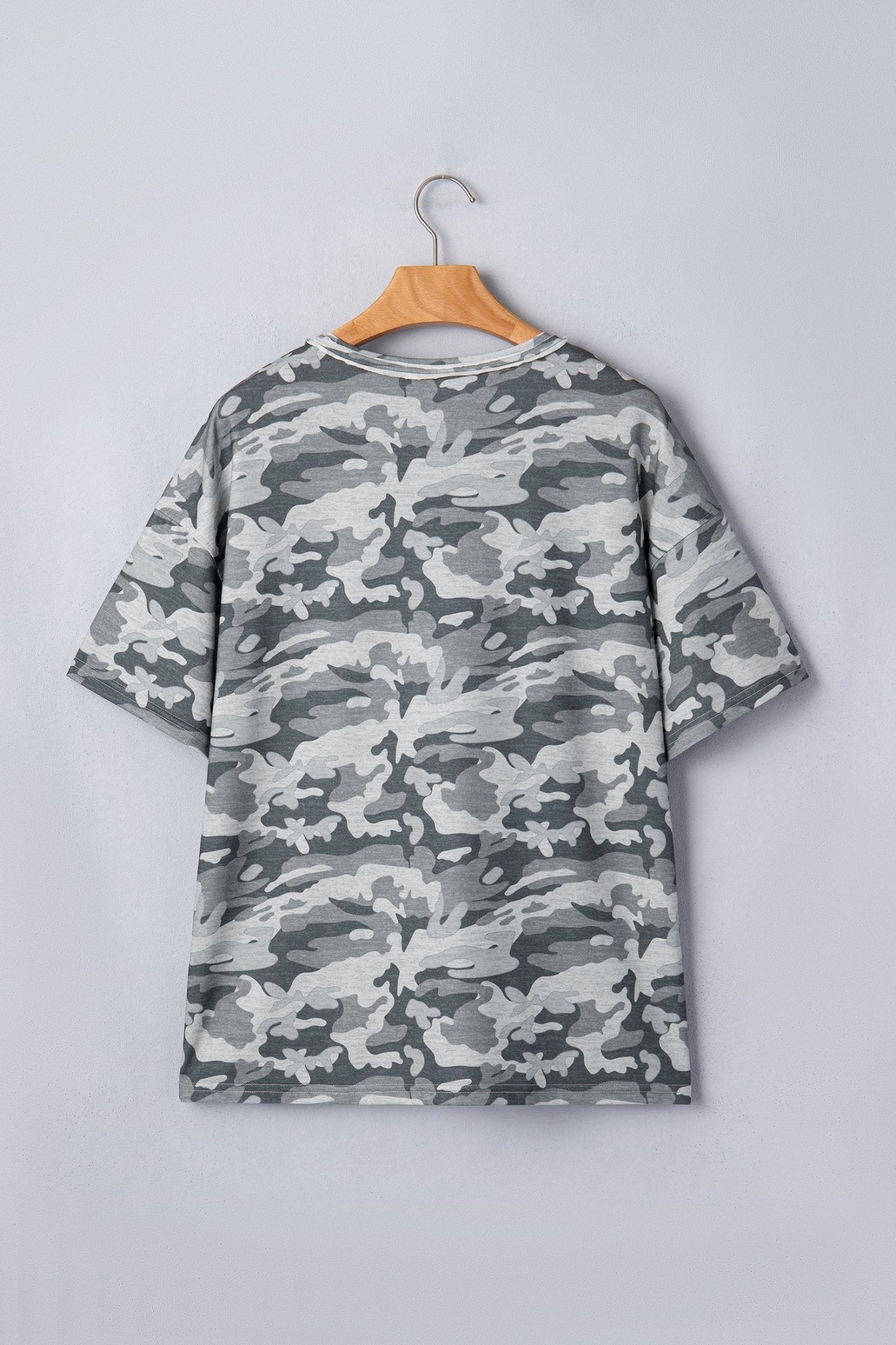 Green Retro Camouflage Print Raw Edge V Neck Tee - Loving It Shop