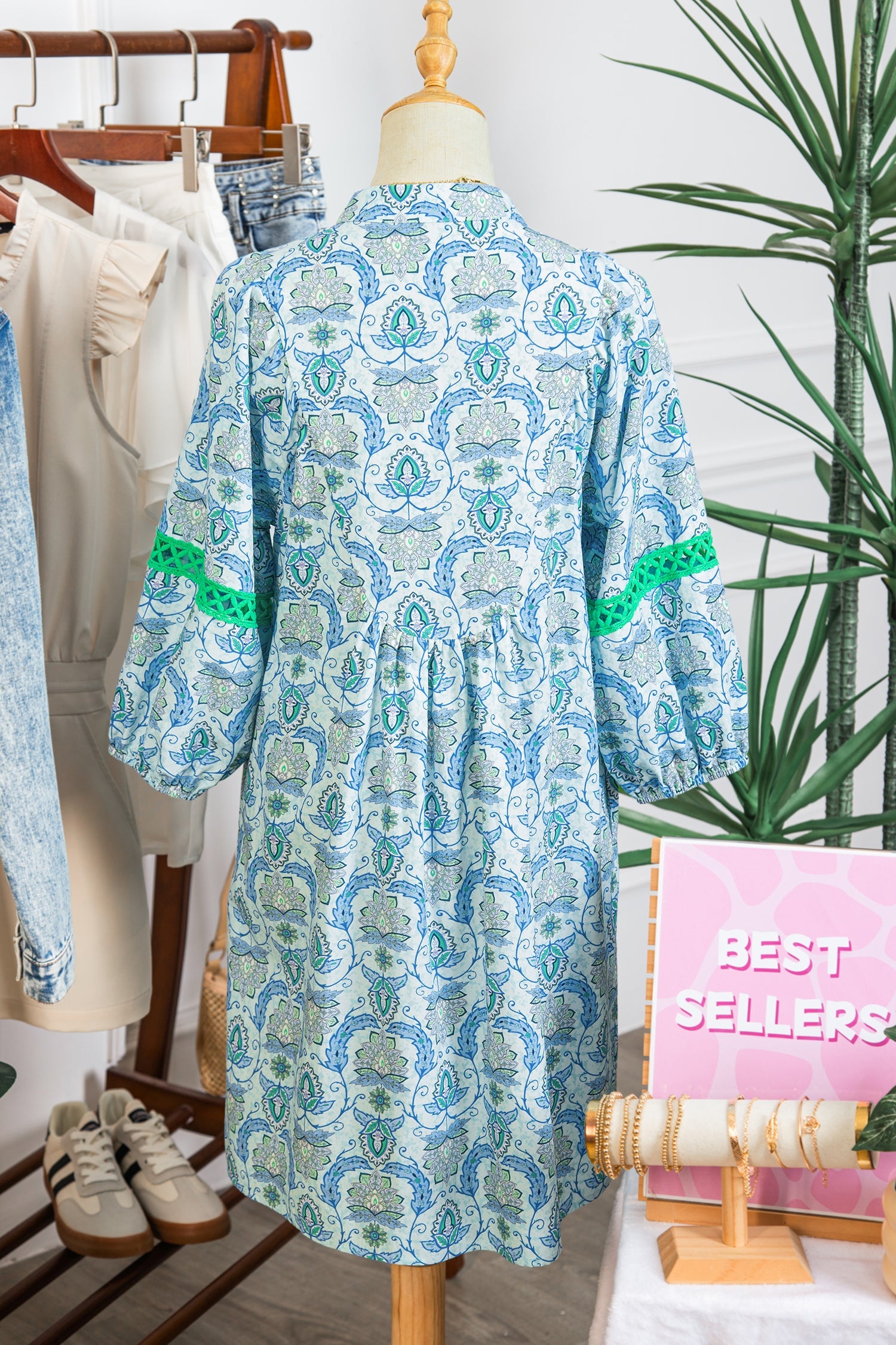 Sky Blue Boho Paisley Print Contrasted Patchwork Detail Bracelet Sleeve Loose Mini Dress